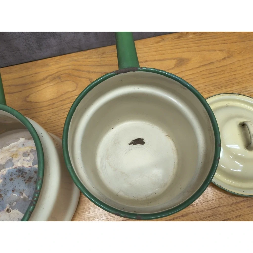 Vintage Enamelware Double‎ Boiler Cream Green Trim Circa 1930's - 40's Lid 3 Pcs